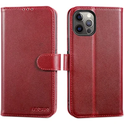 Abbildung von LENSUN Echtleder Hülle für iPhone 12, 12 Pro Handyhülle Echt Leder Schutzhülle [RFID Blocker] Handytasche Lederhülle 12/12 Weinrot
