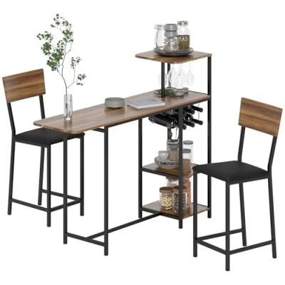 Abbildung von HOMCOM Bartisch mit Barhocker Set, 3 TLG. Set Klappbar Küchentisch &amp; Weinglashalter Weinregal Ablage, Essgruppe 2 Barstühlen, Stahlrahmen, Modern Design für Esszimmer Küche Braun