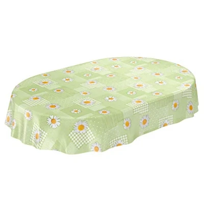 Abbildung von ANRO Wachstuchtischdecke Wachstuch Wachstischdecke Tischdecke Kamille Patchwork Grün Oval 200x140cm