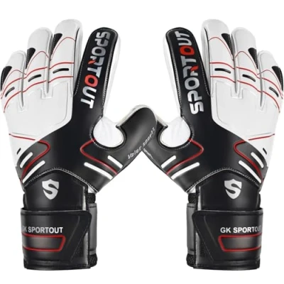 Abbildung von Sportout Torwarthandschuhe, Fußballhandschuhe mit Fingersave, Torwarthandschuhe Herren, Kinder rutschfeste 4mm Latex, Torwart Handschuhe für Kinder, Erwachsene und Jugendliche