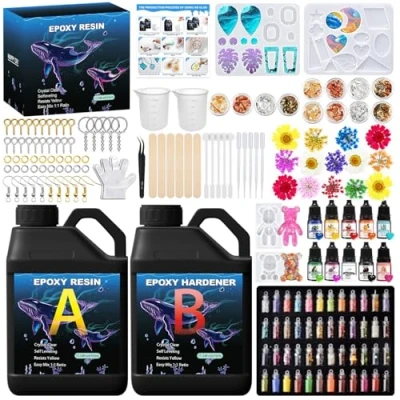 Abbildung von KIMIGO Epoxidharz Set Anfänger 510 ml,Resin Harz Gießen Set,Harz Zubehör,mit Silikonform,Pailletten,Farbessenz,Pinzette,Trockenblumen,Handschuhe,für Machen DIY Schmuck,Handwerk Und Kunstwerke