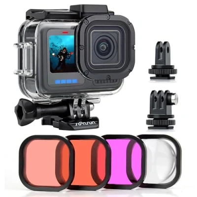 Abbildung von SOONSUN Wasserdichtes Gehäuse für GoPro Hero 12/11/10/9 Schwarz mit 4er Pack Tauchfilter 60M Unterwassergehäuse 9 10 11 12 Rot, Hellrot, Magenta, 5 x Makrofilter