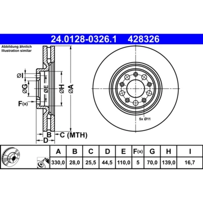 Abbildung von ATE 24.0128 0326.1 Bremsscheibe 330,0 28,0 5 110,0 Belüftet beschichtet ALFA ROMEO: Stelvio, Giulia Limousine