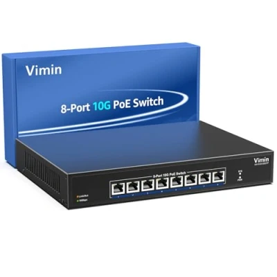 Abbildung von 8 Port 10G PoE Unverwaltet Netzwerk Switch, VIMIN 10Gbps Power Over Ethernet Switch Unterstützt IEEE802.3 af/at, für NAS Netzwerk, Plug &amp; Play, 160Gbps Switching Kapazität, Desktop Rack Montage