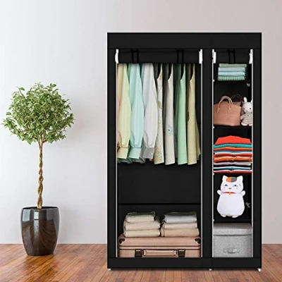 Abbildung von Oshion Kleiderschrank Faltschrank Stoffschrank Faltbare Garderobe Canvas mit Reißverschluss Kleiderstange, Fächern (110 x 45 175 cm schwarz)