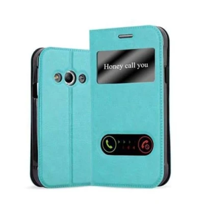 Abbildung von Cadorabo Hülle kompatibel mit Samsung Galaxy XCover 3 Sichtfenster aus Kunst Leder Flip Klappbare Magnetische [Standfunktion] [Kartenfächern] Cover für Tasche in Türkis