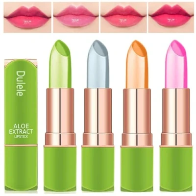 Abbildung von 4 Stück Magischer Temperatur Farbwechsel Aloe Vera Lippenstift, Dulele Wasserdichte Langlebige Lippenbalsam Pflegender Lippenstift Kosmetik Make up (EEE)
