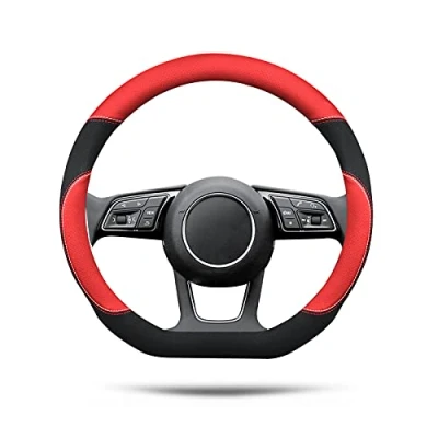 Abbildung von Ergocar D Form Auto Lenkradbezug Rutschfester Sport Lenkradschutz Mikrofaser Leder mit Atmungsaktives Wildleder für Lenkrad Durchmesser 38cm (15 &quot;) (Schwarz Rot)
