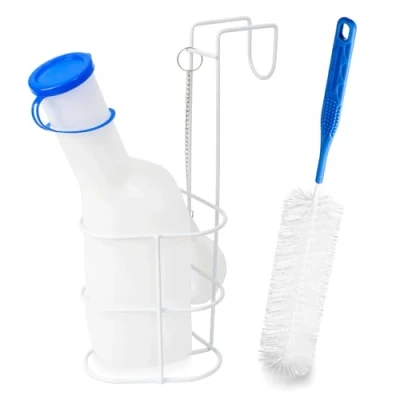 Abbildung von Urinflaschen für Männer mit Halterung und Reinigungsbürste, ARNOMED Urinflasche 1000ml, PP auslaufsicher, Halterung, Urinal Deckel &amp; Bürste, Mobile Toilette