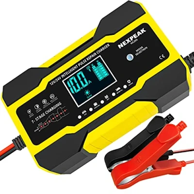 Abbildung von 10A Autobatterie Ladegerät, 12V/24V Smart vollautomatische KFZ Batterieladegerät mit Temperaturkompensation für Auto LKW Motorrad Rasenmäher Boot Marine Batterien Gelb