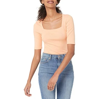 Abbildung von Amazon Essentials Damen Halbarm T Shirt mit eckigem Ausschnitt in schmaler Passform, Korallenorange, S