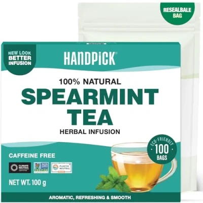 Abbildung von HANDPICK Krauseminze Kräutertee 100 Umweltfreundliche Runde Teebeutel Koffeinfrei &amp; Nicht GVO Aus 100 % Reinen Krauseminzblättern Natürlich Erfrischende Mischung Vakuumversiegelt