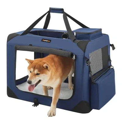 Abbildung von Feandrea Hundebox faltbar, Transportbox Hund, L, Hundetasche, Oxford Gewebe, Netzstoff, atmungsaktiv tragbar transportabel, Metallrahmen, mit Griffen, Taschen, 70 x 52 cm, dunkelblau PDC70Z