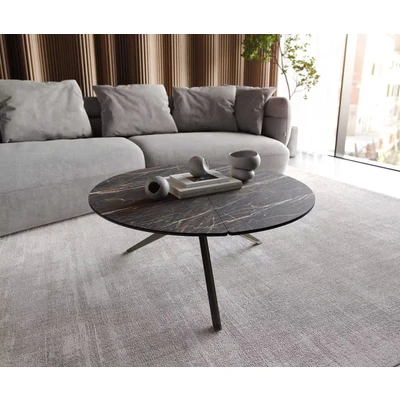 Abbildung von Couchtisch Delron 90x90 cm Keramik Laminam®Noir Desir Braun Kreuzfuß Flach Metall Effektfinish Titan