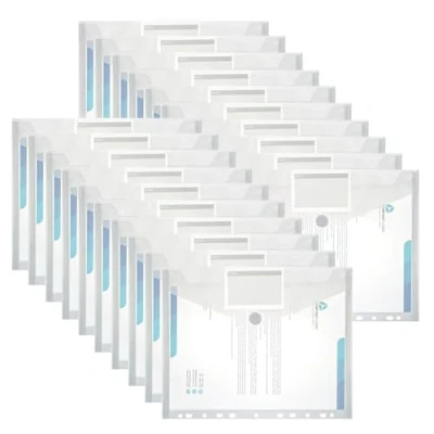 Abbildung von ASelected 20 Stück Dokumententasche A4 Transparent Druckknopf Dokumentenmappe Sammelmappen für Dokumente Organisieren mit Lochrand Klettverschluss und etikettentasche