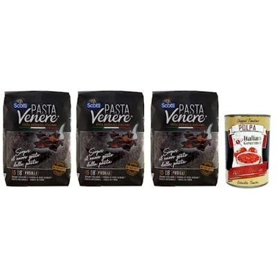 Abbildung von 6x Riso Scotti Pasta Venere Fusilli,Pasta aus Hartweizengrieß und Schwarzem Vollkornreismehl,Packung mit 400g + Italian Gourmet Polpa di Pomodoro Dose