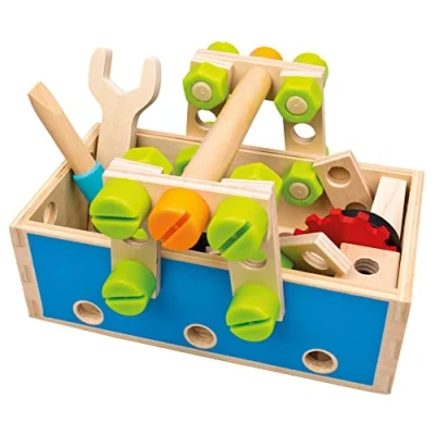 Abbildung von Mertens Werkzeugset aus Holz, Spielzeug für Kinder ab 3 Jahre, Kinderspielzeug (Werkzeugkasten inklusive Zubehör, 50 teilig, Holzspielzeug mit 5 verschiedenen Figuren, fördert Feinmotorik), Bunt