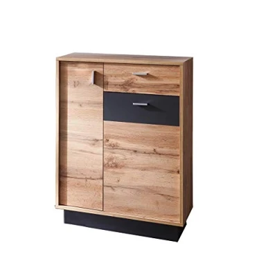 Abbildung von trendteam smart living Coast Kommode Eiche/Grau Matt Schuhschrank inkl. Frontbeleuchtung (BxHxT) 69 x 96 35 cm Metallgriffe in Silber Sockel Platz für 6 Schuhpaare