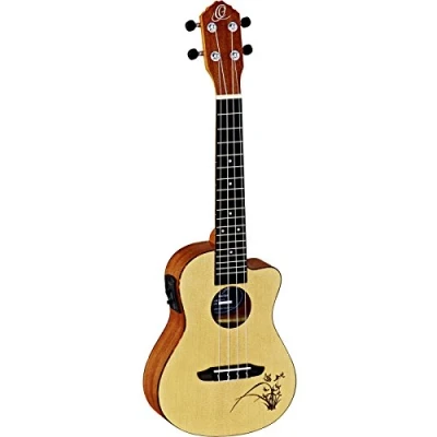 Abbildung von Ortega Guitars Konzert Ukulele Bonfire Series elektro akustisch Fichtendecke mit lasergaviertem Motiv (RU5CE)