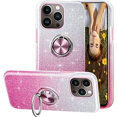 Abbildung von Kompatibel Mit iPhone 13 Pro Hülle,3 In 1Glitzer Diamant Silikon Cover Handyhülle,360 Verdrehbare Ring Für Magnetischen Autohalterungen,Geeignet Hülle Rosa
