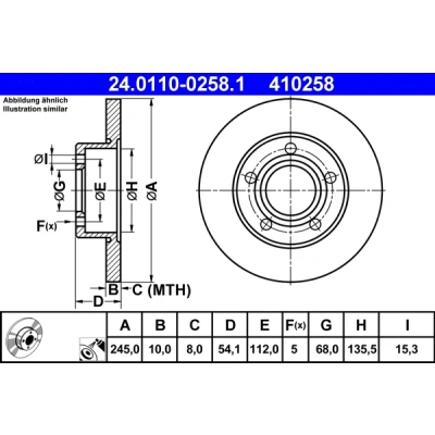 Abbildung von ATE 24.0110 0258.1 Bremsscheibe 245,0 10,0 5 112,0 voll beschichtet AUDI: A6 C5 Limousine, Avant