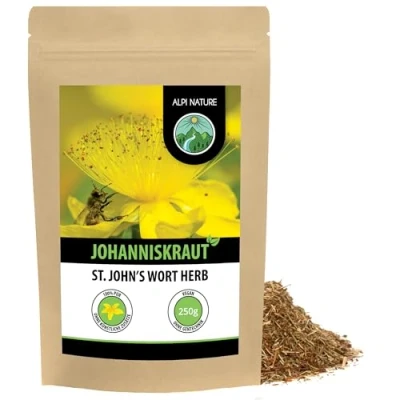 Abbildung von Johanniskraut Tee (250g), Geschnitten, schonend getrocknet, 100% rein und naturbelassen zur Zubereitung von Tee, Kräutertee, Johanniskrauttee