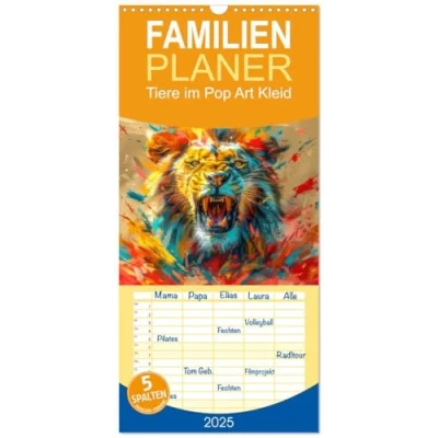 Abbildung von Familienplaner 2025 Tiere im Pop Art Kleid mit 5 Spalten (Wandkalender, 21 cm x 45 cm), CALVENDO