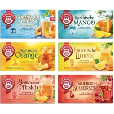 Abbildung von Teekanne Ländertee Mix, Griechische Aprikose, Spanische Orange, Italienische Limone, Karibische Mango, Mediterraner Pfirsich, Süßkirsche, 6 Packungen, 270 g
