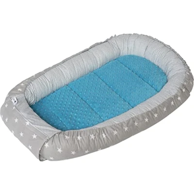 Abbildung von Medi Partners Babynest Kuschelnest Babynestchen 100% Baumwolle Nestchen Reisebett für Babys Säuglinge 100x60x15cm herausnehmbarer Einsatz (graue Sternen mit türkisen Minky)