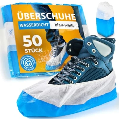 Abbildung von ISC Hygiene &amp; Safety 50x Schuhüberzieher wasserdicht blau weiß von Überschuhe Verstärkt Extra Stark &gt;9g Rutschfeste Überzieher für Schuhe Einheitsgröße, Überziehschuhe Einweg Mehrweg Galoschen