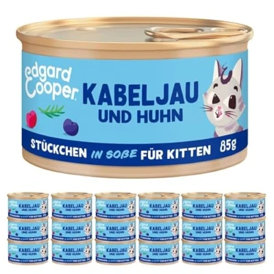 Abbildung von Edgard &amp; Cooper Kitten Nassfutter, (Kabeljau Huhn, 85g x 18), Katzenfutter nass in Sauce ohne Zucker und Getreidefrei, voll von frischem Fleisch, für sterilisierte aktive Katzen