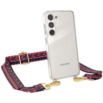 Abbildung von EAZY CASE Handykette Verstellbarer Trageriemen kompatibel mit Samsung Galaxy S23, Schulterriemen, Handykordel Case, DIY Gürteltasche Hülle, Pink/Blau Metallstücke Gold