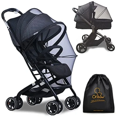 Abbildung von Orzbow Universal Insektenschutz für Kinderwagen,Reißfest Moskitonetz Buggy mit Tasche,Atmungsaktiv Fliegennetz Reisebett Gummizug,3D Unterstützung und Zweiwege Reißverschluss (Schwarz)