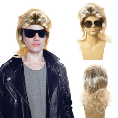 Abbildung von MeoZynxadril Perücke für Herren, 80er Jahre, blond, lang, Halloween Perücke, Mullet Diskothek, Perücken Cosplay, Halloween, Kostüm, Party, Karneval, gold, 58 60