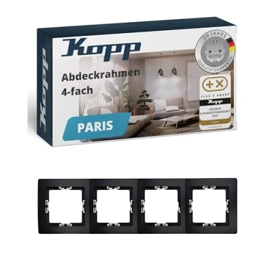 Abbildung von Kopp Paris 4 fach Abdeckrahmen, für senkrechte und waagrechte Installation, IP20, schwarz, matte Oberfläche, 308750065