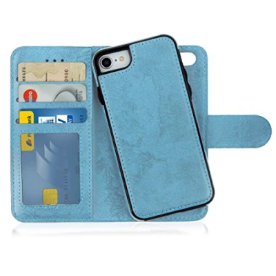 Abbildung von MyGadget Flip Case für iPhone SE 2022 2020 7 8 [ abnehmbare Magnet Hülle ] Handyhülle aus Kunstleder Klapphülle mit Kartenfach Schutzhülle in Hellblau