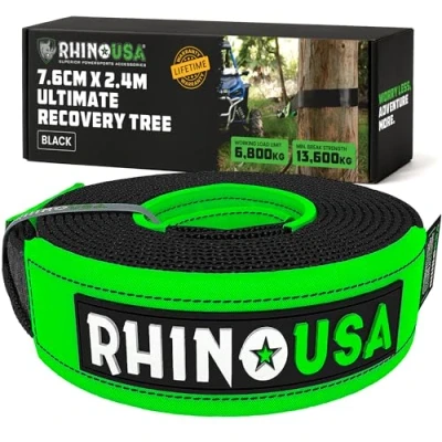 Abbildung von Rhino USA Abschleppseil mit Baumschutz 7.6 cm x 2.4 m Hebeschlinge im Labor getestete Bruchfestigkeit von 13,600 kg (MIN) Robuste Zugschnur verstärkte Schlaufengurte Schwarz