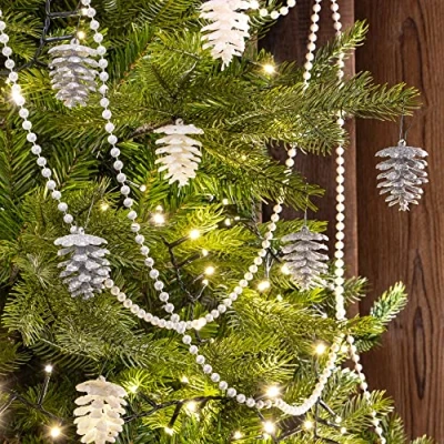 Abbildung von com four® 8X Christbaumanhänger Tannenzapfen Christbaumschmuck zum Anhängen Weihnachtsbaum Anhänger in Zapfen Form bruchfest (silberfarben/weiß Zapfen)
