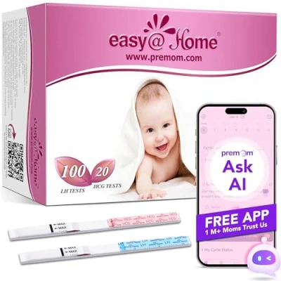 Abbildung von Easy@Home Kinderwunsch 100 x Ovulationstest Fruchtbarkeitstests und 20 Schwangerschaftstests für Eisprung Unterstützt von Premom Ovulation APP, LH + HCG Tests