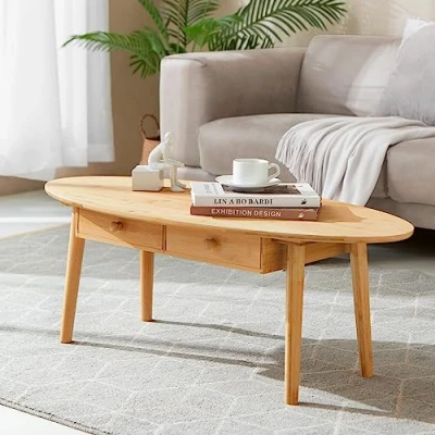 Abbildung von [en.casa] Couchtisch Harboøre Wohnzimmertisch Ovaler Kaffeetisch mit Holz Beinen Sofatisch 2 Schubladen 37x100x48cm für Wohnzimmer Bambus Naturfarben