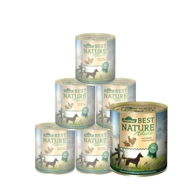 Abbildung von Dehner Best Nature Hundefutter, Nassfutter getreidefrei, für ausgewachsene Hunde, Huhn / Kaninchen Nudeln, 6 x 800 g Dose (4.8 kg)
