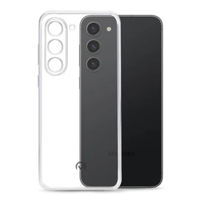 Abbildung von TPU Hülle passend für Samsung Galaxy S23 Transparent Clear Case Schutz Handy Tasche Silikon mit mungoo Displayputztuch