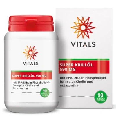 Abbildung von Vitals Super Krillöl 590mg 90 Softgel Kapseln mit EPA/DHA, Cholin und Astaxanthin. Sehr rein, gut resorbierbar. frisches reines Krillöl. Hoch resorbierbaren Phospholipidform.