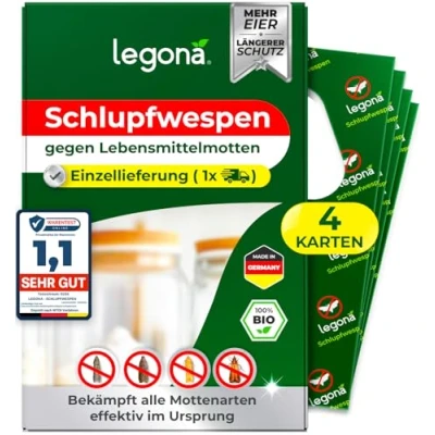 Abbildung von Legona® Schlupfwespen gegen Lebensmittelmotten 4 Karten à 1 Lieferung Effektive Bekämpfung von Lebensmittel Motten Alternativer Mottenschutz zu Mottenfalle Lebensmittel, Mottenspray