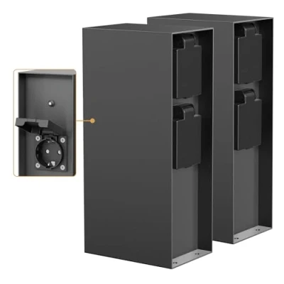 Abbildung von ledscom.de 2 Stück Garten Steckdosensäule POMI für außen, IP44, Dämmerungssensor, 3 Fach, Edelstahl, anthrazit, eckig, 23 cm