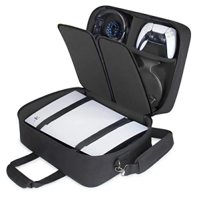 Abbildung von USA GEAR PS5 Hülle Konsolenhülle Kompatibel mit Playstation 5 und Digital Edition anpassbarem Interieur für Controller, Spiele, Gaming Headset Zubehör (Schwarz)