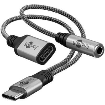 Abbildung von goobay USB C auf 3,5mm Klinke Kopfhörer und / 2 in 1 Adapter/Schnellladen Type Audio AUX Adapter/Stoffmantel 74524