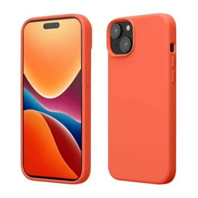 Abbildung von kwmobile Hülle für das iPhone 15 Silikon Handy Case stoßfeste Handyhülle mit weicher Oberfläche Leuchtende Koralle
