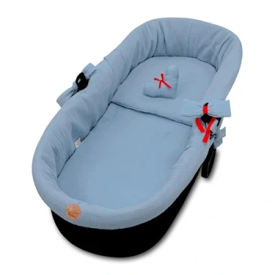Abbildung von Umrandung Musselin für Kinderwagen Bezug Babywanne Nestchen Kinderwagenzubehör set 3 teilig mit Kissen und Matratze Blau