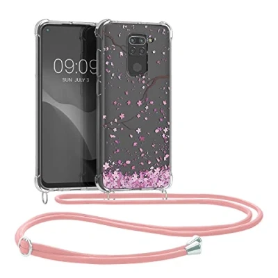 Abbildung von kwmobile Necklace Case kompatibel mit Xiaomi Redmi Note 9 Hülle Silikon Cover Handykette Rosa Dunkelbraun Transparent Kirschblütenblätter
